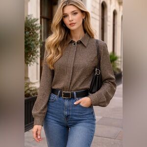 vintage Houndstooth Button-Front Brown Long-Sleeve blouse